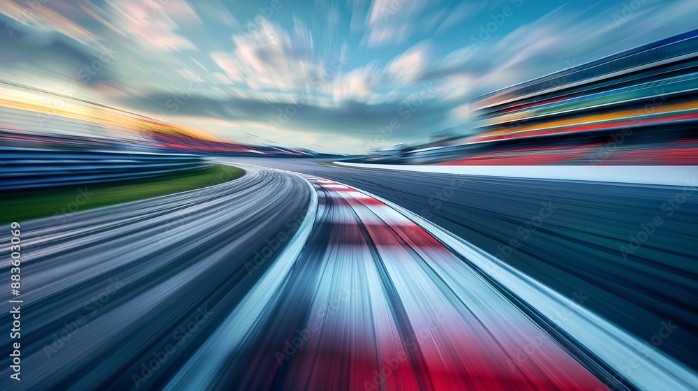 An intricate view of a race track curve with motion blur taken at twilight, highlighting the fast-paced nature of car racing and the colorful ambiance of the setting sun creating a thrilling scene. An intricate view of a race track curve with motion blur taken at twilight, highlighting the fast-paced nature of car racing and the colorful ambiance of the setting sun creating a thrilling scene.