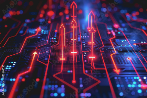 A computer circuit board, with some arrows pointing forward and up, rising, tech background. © PHAISITSAWAN