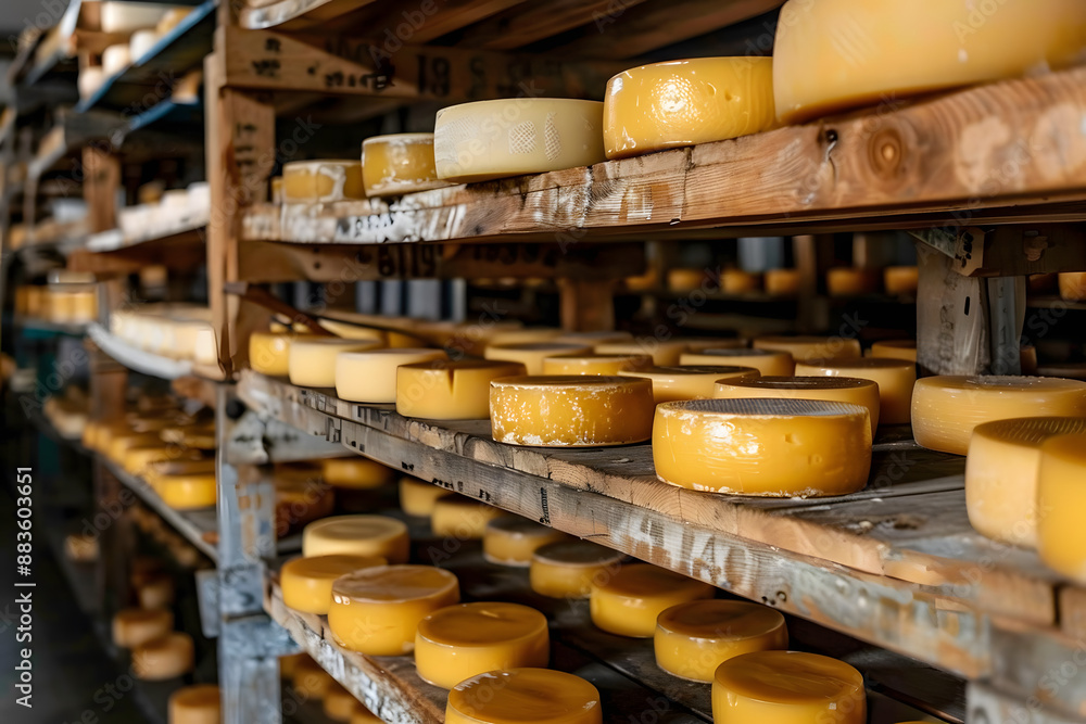Rows of cheese wheels on wooden shelves Rows of cheese wheels on wooden shelves