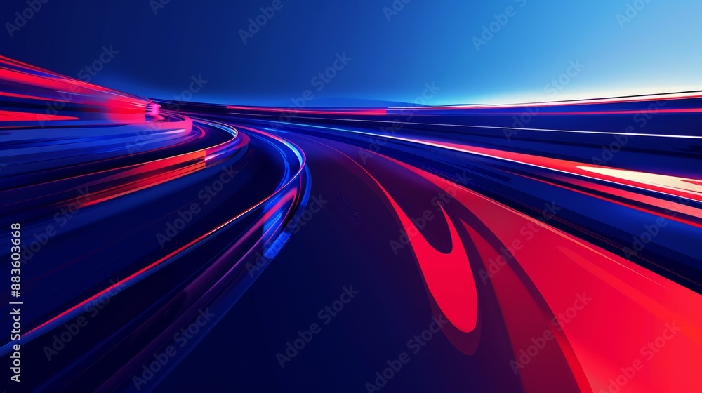 Abstract image featuring curved light streaks in blue and red over a ...