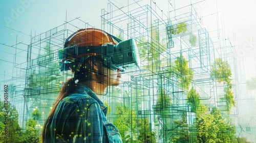 Team using VR to explore renewable energy concepts, Modern, Blue and green, Digital art, Advanced environmental planning
