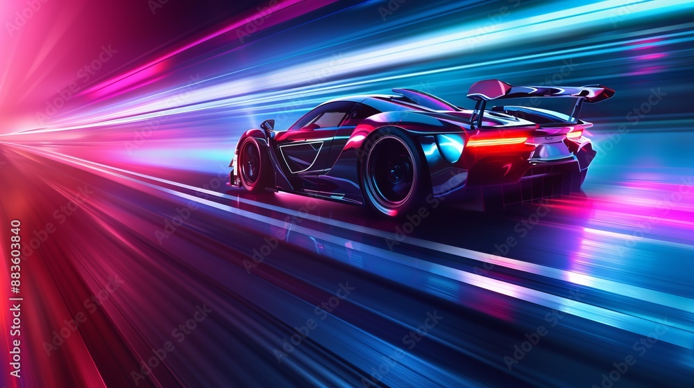 A high-performance car racing with neon background lights, highlighting the mesmerizing combination of speed, technology, and vibrant colors in a futuristic setting. A high-performance car racing with neon background lights, highlighting the mesmerizing combination of speed, technology, and vibrant colors in a futuristic setting.