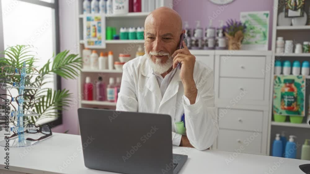 Man wearing white coat talking on phone and using laptop in pharmacy with shelves of pharmaceutical products in background Man wearing white coat talking on phone and using laptop in pharmacy with shelves of pharmaceutical products in background
