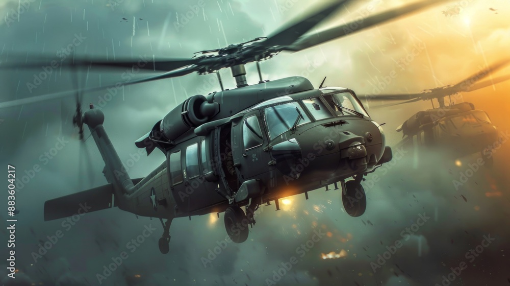 Black Hawk Helicopter in Flight During a Storm Black Hawk Helicopter in Flight During a Storm
