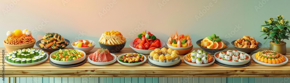 Drone angle, minimalist culinary art setup, symmetric arrangement of colorful gourmet dishes on a large wooden table, muted pastel background, digital CG 3D rendering Drone angle, minimalist culinary art setup, symmetric arrangement of colorful gourmet dishes on a large wooden table, muted pastel background, digital CG 3D rendering