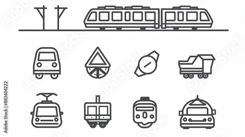 A vector illustration displaying a collection of various train icons and symbols, showcasing different train types and related transportation graphics, perfect for design use.