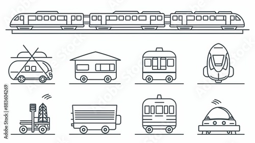 This line art illustration features a variety of different train types and associated icons, neatly arranged to present diverse aspects of rail transportation in a graphical style.