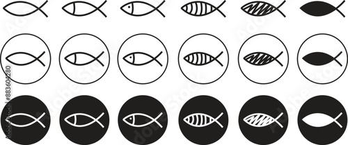 Christian fish icons Set. Religious symbols. Faith in Jesus Christ. Symbols with cross vectors isolated on transparent background. God Christ logos signs. Pattern with simple Line, flat modern design.
