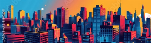 Panoramic view of a minimalist superhero cityscape, pop art style, bold primary colors, geometric shapes, dynamic action lines, comic book vibrancy, clean and modern design