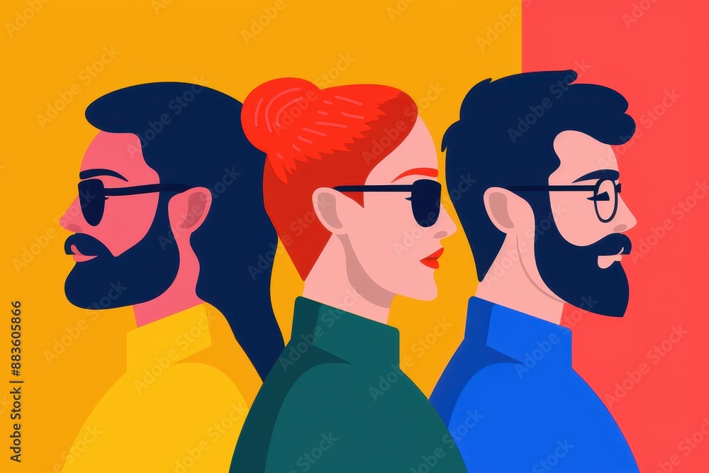 Colorful illustration of three stylish individuals wearing sunglasses, set against a vibrant, split-color background, showcasing modern fashion and diversity. Colorful illustration of three stylish individuals wearing sunglasses, set against a vibrant, split-color background, showcasing modern fashion and diversity.