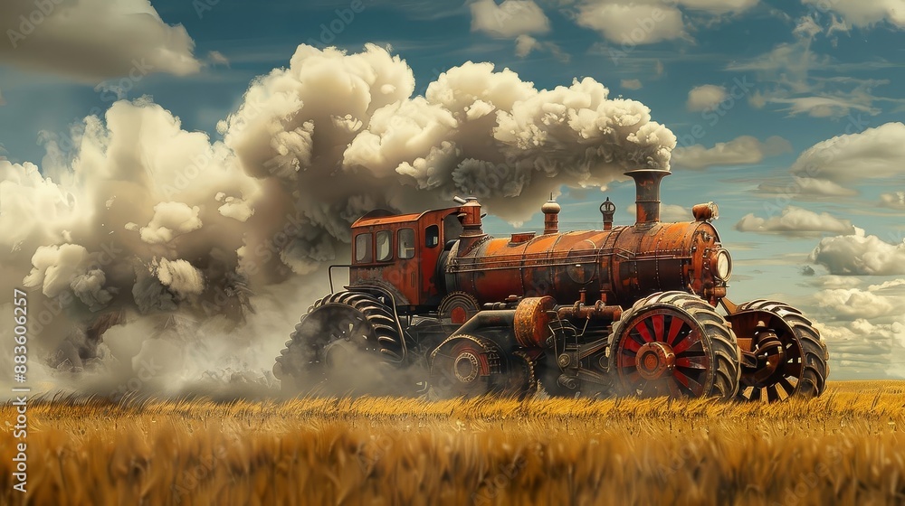 Fototapeta premium A steampunk tractor powered by a massive steam engine, billowing smoke as it chugs through a field
