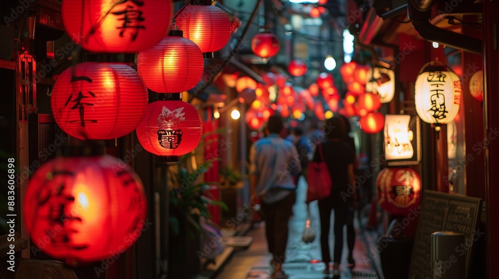 Naklejka premium An energetic alleyway scene illuminated by red lanterns creates a lively and colorful atmosphere. People stroll through the alley, enhancing the sense of community and vibrancy.