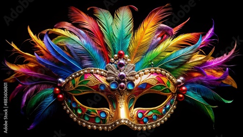 Vibrant colored opera carnival masquerade mask cut out with intricate feather and gemstone details isolated on a black background with subtle shadow effect.