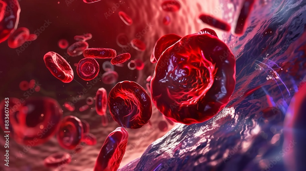 Close-up view of red blood cells moving through the bloodstream, vividly capturing the cellular structures and conveying a sense of life and vital processes occurring within the body.