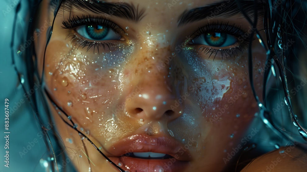 Close up of a beautiful woman with blue eyeshadow and black eyeliner, dark hair, freckles, wet skin Close up of a beautiful woman with blue eyeshadow and black eyeliner, dark hair, freckles, wet skin