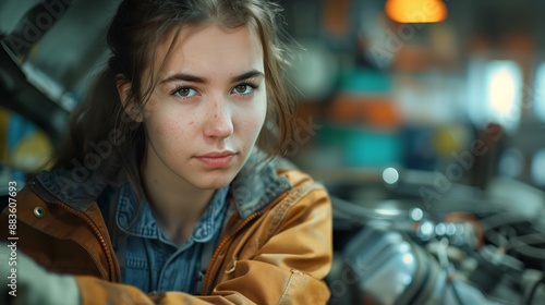 Female mechanic working on a car engine in an auto repair shop