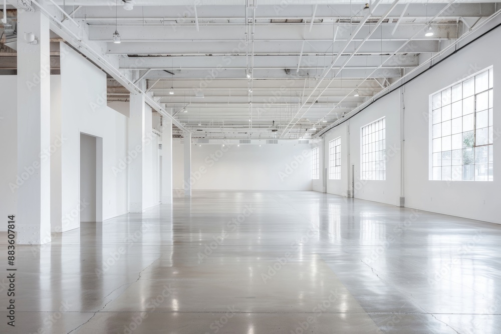 Empty modern white warehouse with a spacious interior and clean white background Empty modern white warehouse with a spacious interior and clean white background
