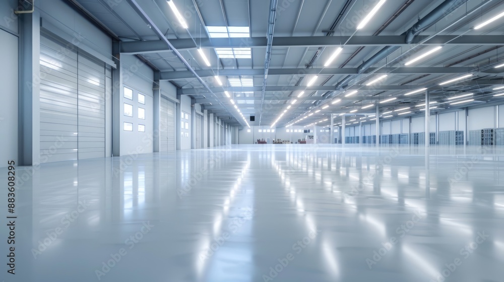 A pristine, empty smart warehouse with clear, bright light illuminating the clean floors and organized space. The modern design is optimized for efficiency.