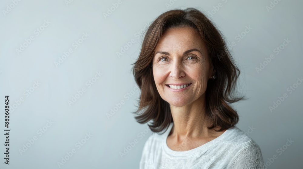 Middle-aged woman with a friendly smile, half-body shot against a solid light grey background, with copy space on the right side Middle-aged woman with a friendly smile, half-body shot against a solid light grey background, with copy space on the right side