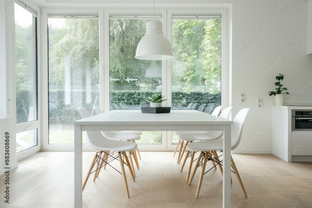 Minimal white dining area with a white table and chairs, highlighted by large windows. Minimal white dining area with a white table and chairs, highlighted by large windows.