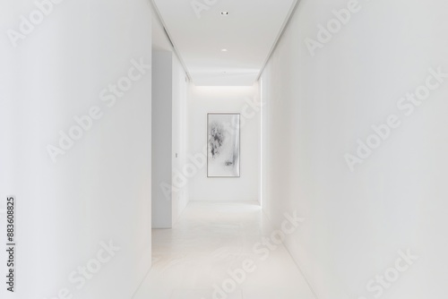 Minimal white interior hallway with clean white walls and a single piece of abstract art.