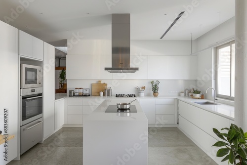 Minimalist white kitchen with cozy elements and contemporary style