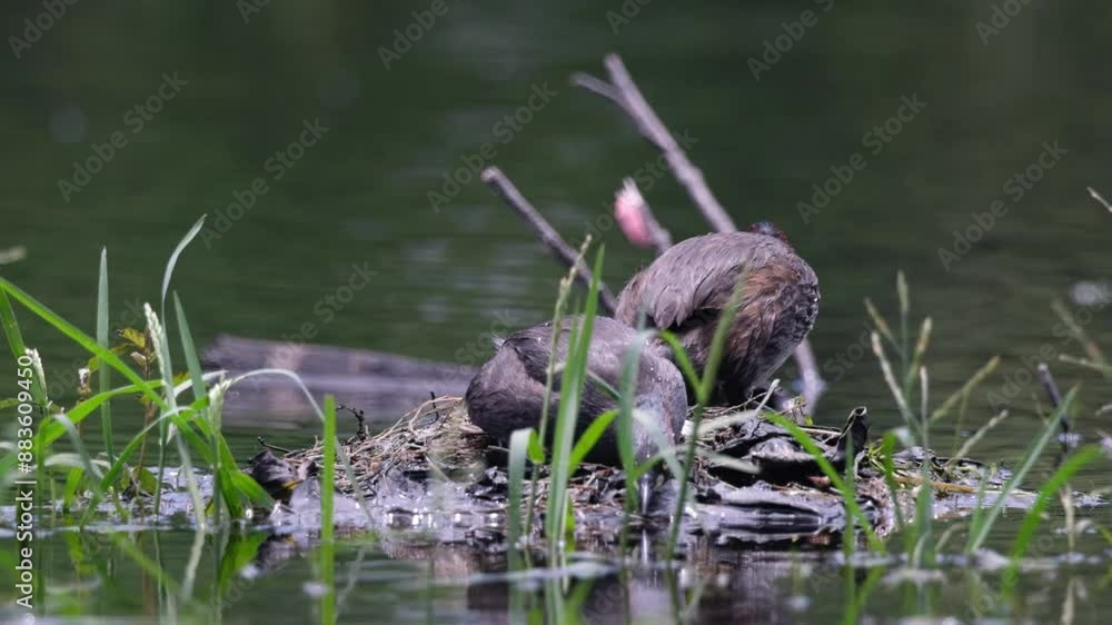 Behavior of Little Grebe during breeding season, laying eggs and incubating eggs to give birth to young. Behavior of Little Grebe during breeding season, laying eggs and incubating eggs to give birth to young.