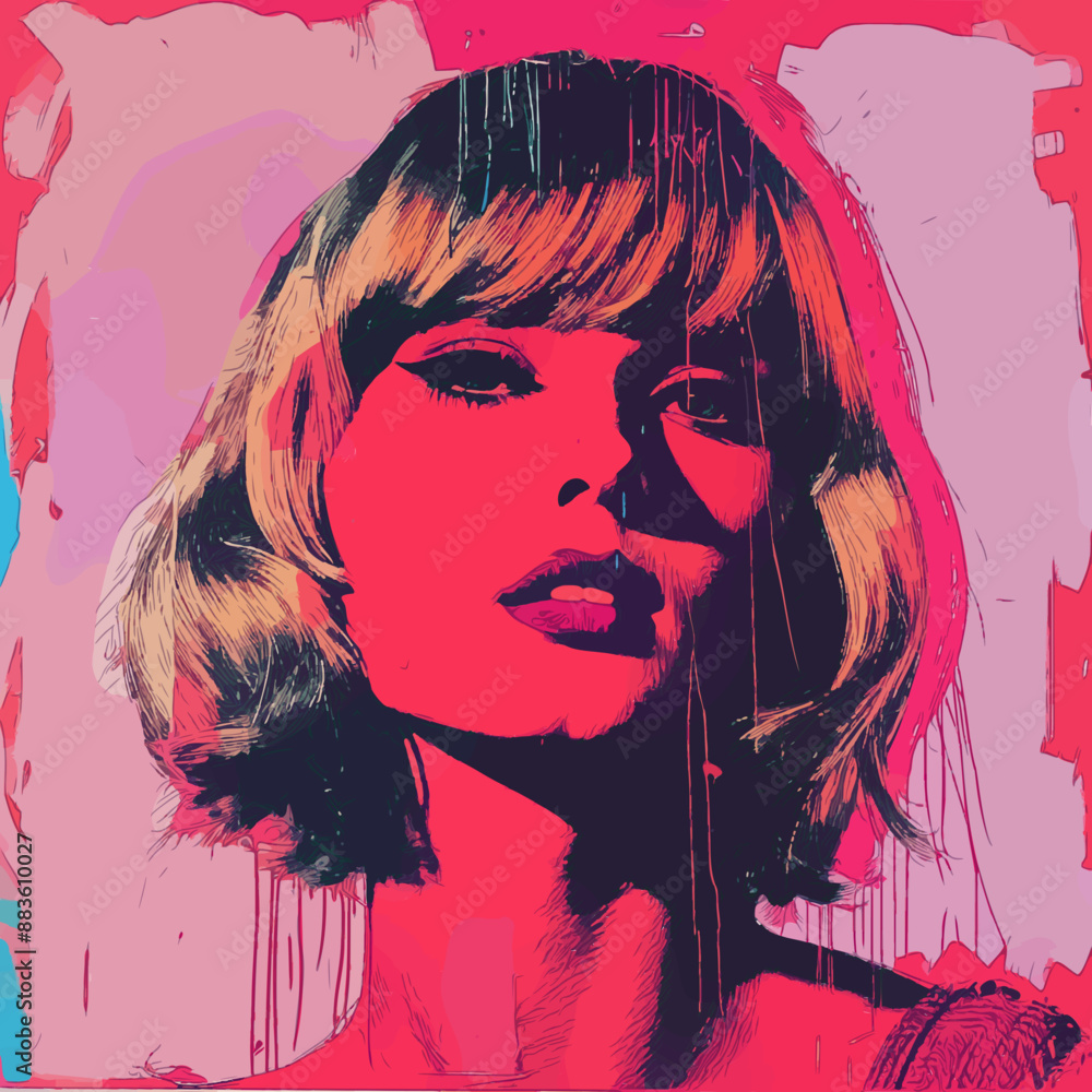 Fototapeta premium Pop art portrait of a blonde model with vibrant colors, red background, warm tones, and multicolored background. Expressive, dynamic composition with bold lines and high contrast.