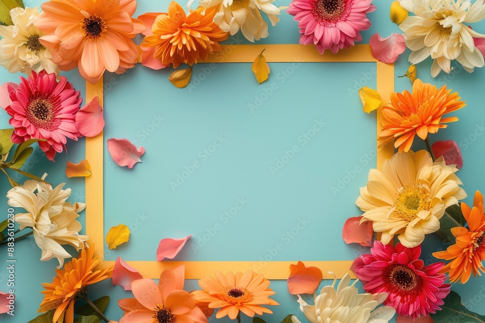 Fototapeta premium Luscious floral blossoms artfully arranged in a rectangular frame shape on a vibrant backdrop, providing a captivating setting with ample space for customization and creative expression.