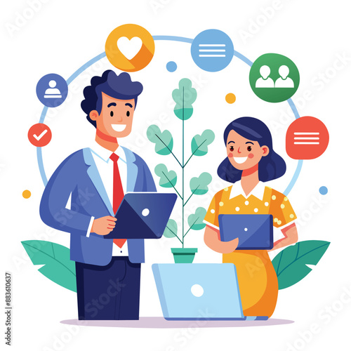 Two account managers, one man and one woman, work together on a project with laptops and tablets, smiling and engaged in discussion
