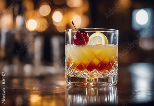 Whiskey sour in a crystal tumbler with a lemon twist and cherry in an upscale whiskey bar 