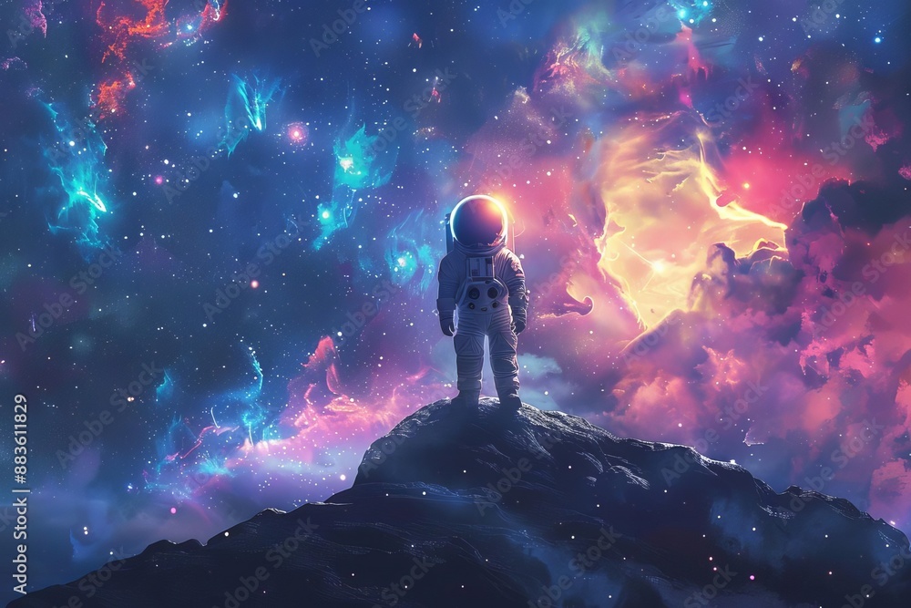 A child astronaut holding a glowing big trophy, standing on a floating rock amidst a swirling nebula A child astronaut holding a glowing big trophy, standing on a floating rock amidst a swirling nebula