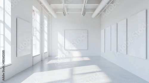 a realistic photo of a white exhibition room with white canvases hanging on the walls, shot on sony a1, 85mm F/1 photo