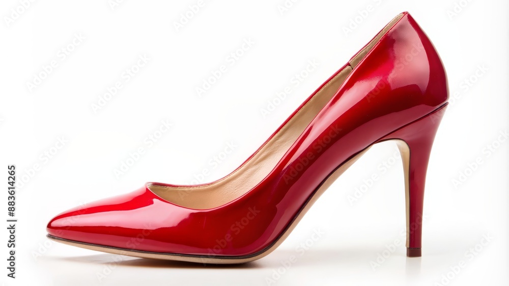 Elegant red high heel shoes with sleek patent leather finish stand alone on a clean white background, exuding luxury and sophistication. Elegant red high heel shoes with sleek patent leather finish stand alone on a clean white background, exuding luxury and sophistication.