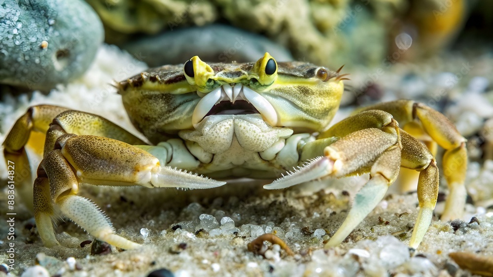 Warty crab or Yellow shore crab (Eriphia verrucosa) sits at the bottom and moves a mustache. Warty crab or Yellow shore crab (Eriphia verrucosa) sits at the bottom and moves a mustache.