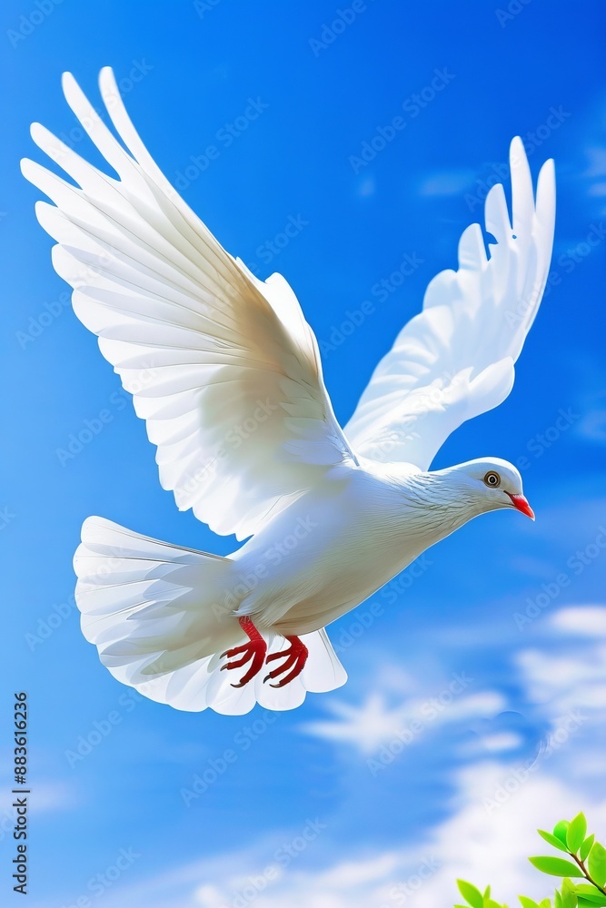 Obraz premium Minimalist christmas wreath with evergreen branches and white dove against blue sky