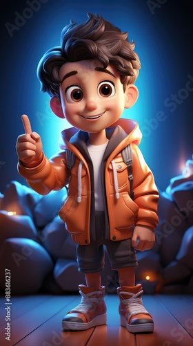 3D illustration of a boy in an orange jacket showing thumbs up