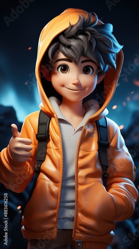 3D illustration of a boy in an orange jacket with a backpack