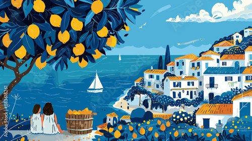 Illustrated Mediterranean village by the sea with vibrant lemon trees in the foreground. Two people enjoying the scenic view, with sailboats on the water and charming hillside houses.