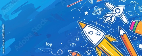 Back to school banner with pencils and rocket on blue background.