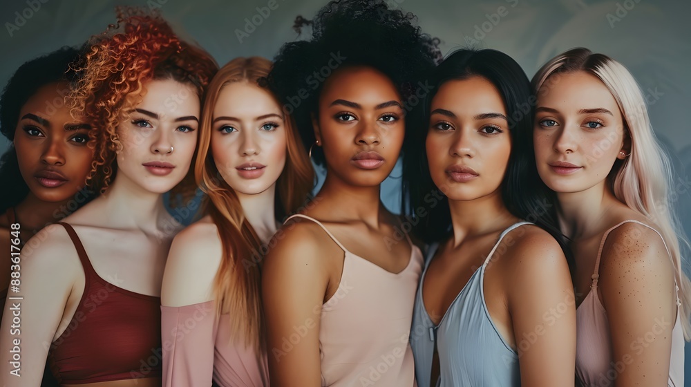Fototapeta premium Group of women with different body and ethnicity posing together to show the woman power and strength. Curvy and skinny kind of female body concept. 