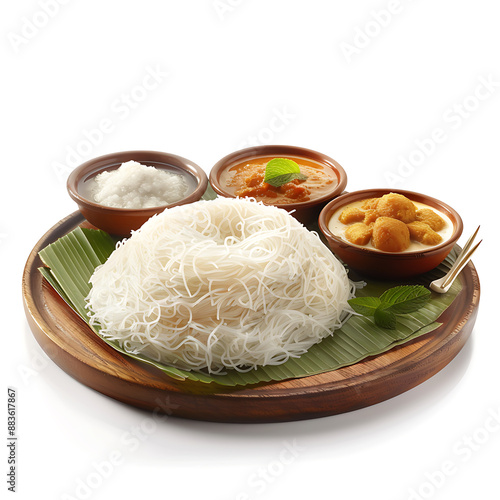 Board and plate of tasty Idiyappam with on white background. photo