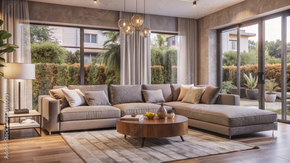 Cozy modern living room interior with sleek gray sectional sofa, cream-colored armchair, and floor-to-ceiling windows overlooking a lush garden. Cozy modern living room interior with sleek gray sectional sofa, cream-colored armchair, and floor-to-ceiling windows overlooking a lush garden.