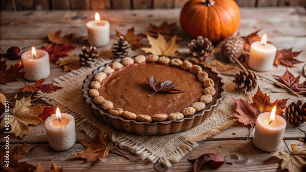 A rustic autumn centerpiece featuring a freshly baked pumpkin pie surrounded by autumn leaves, twigs, and warmly lit candles A rustic autumn centerpiece featuring a freshly baked pumpkin pie surrounded by autumn leaves, twigs, and warmly lit candles