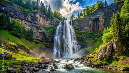 Majestic waterfall cascading down the mountainside, waterfall, mountains, nature, scenic, landscape, serene, rocky