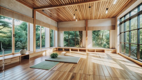 Serenely minimalist wooden room with polished wooden floor, sparse decor, and abundant natural light, exuding simplicity and tranquility.