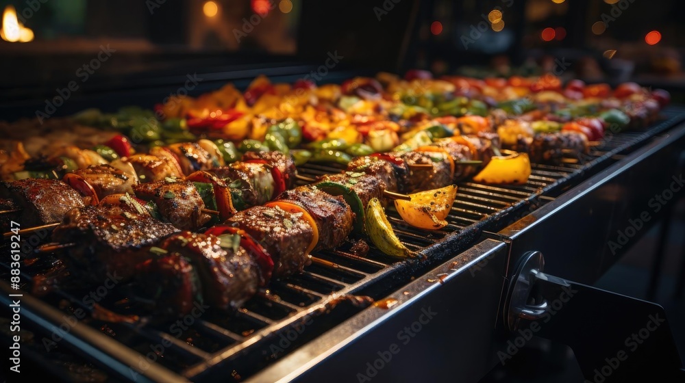 Realistic grilled barbeque with melted barbeque sauce and cut vegetables, black and blur background Realistic grilled barbeque with melted barbeque sauce and cut vegetables, black and blur background