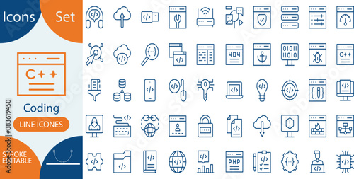 Coding and Programming line icons set. Coding outline icons with editable stroke collection. Includes Cloud Computing, Programmer, Website, Data, Bugs, and More.