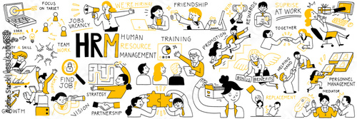 Vector illustration doodle set of HRM concept or human resource management. Outline, thin line art, hand drawn sketch design, simple style, cute character.