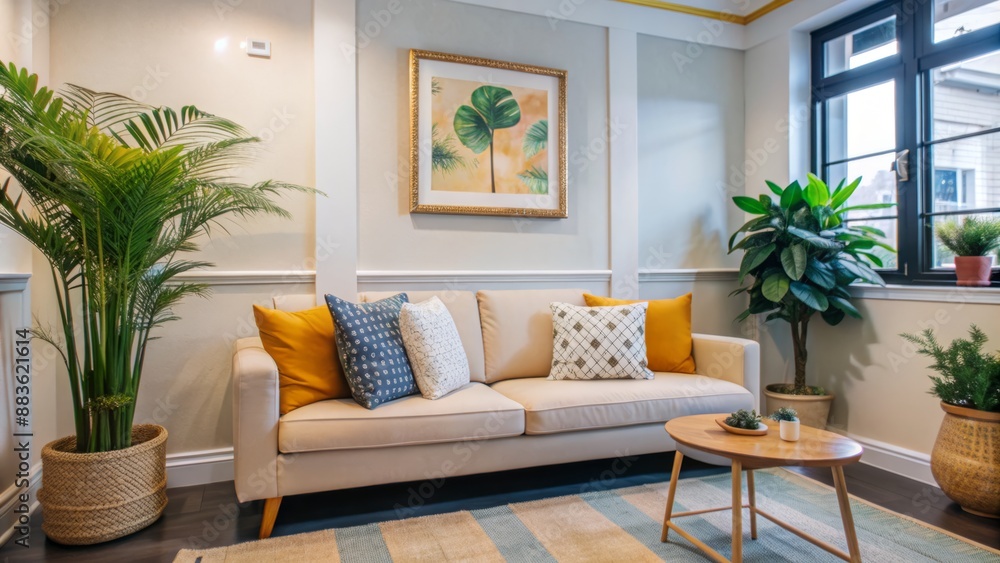 Soothing beige couch against serene cream wall, adorned with calming greenery, in tranquil, naturally lit therapy room atmosphere. Soothing beige couch against serene cream wall, adorned with calming greenery, in tranquil, naturally lit therapy room atmosphere.